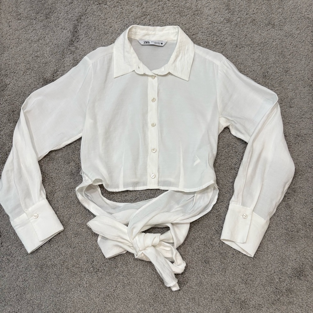 ZARA White Cropped Tie Front Button Up Shirt Size XS